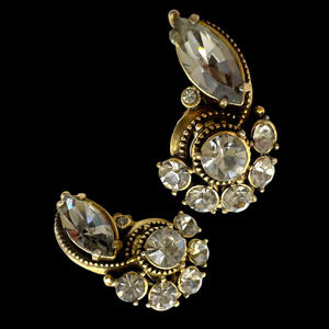 Hollycraft Clip Earrings Warm Gold Tone Rhinestones Signed COPR 1959 ear climber